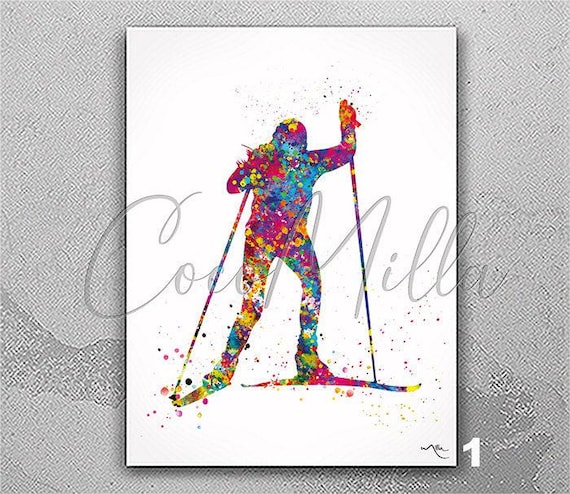 Cross Country Skiing Girl Watercolor Print, Winter Sports Art-2794