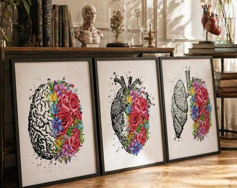 Anatomical Floral Watercolor Print Set: Brain, Heart, Lungs-2519