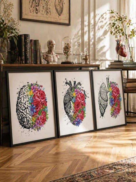 Anatomical Floral Watercolor Print Set: Brain, Heart, Lungs-2519