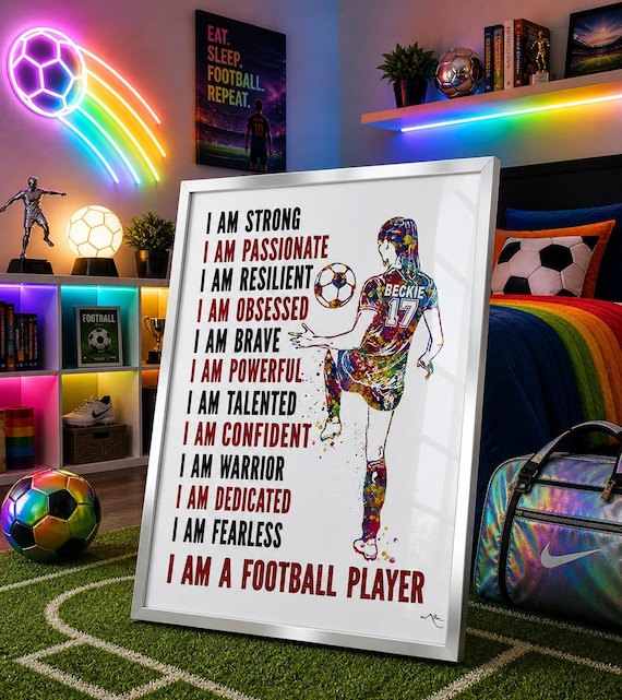 Personalized Football Player Watercolor Print, Strong Girl Quote-2560