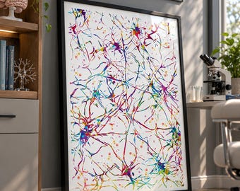 May include: A framed vertical wall art print featuring a colourful, abstract watercolour illustration of interconnected neurons and nerve cells in vibrant shades of blue, purple, pink, yellow, and green against a stark white background.