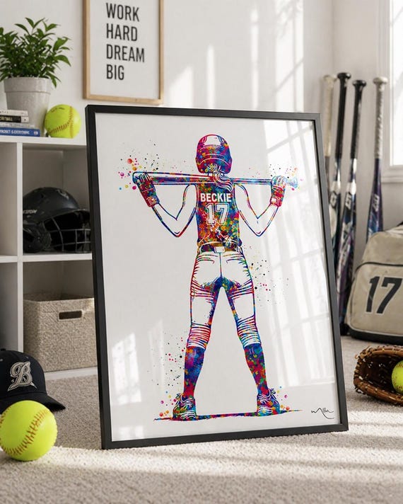 Personalized Softball Player Watercolor Print, Teen Girl Room Decor-2931