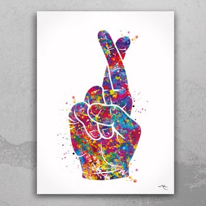 Fingers Crossed Hand Sign Watercolor Print Wall Art Poster Housewarming Gift Good Luck Hand Sign Crossed Fingers Wall Art Poster-2287
