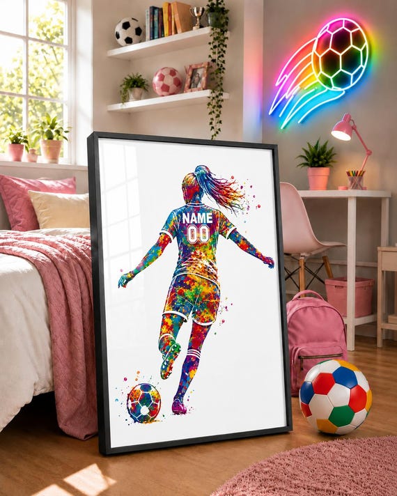 Personalized Soccer Player Girl Watercolor Print, Female Football Gift-3054