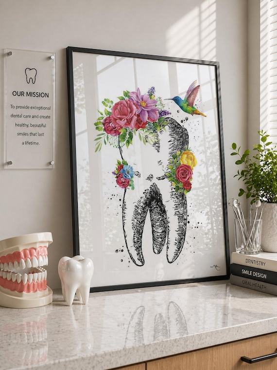 Floral Tooth Watercolor Print, Dentistry Office Art-1332