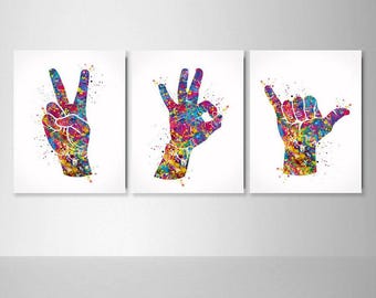 Peace Sign, OK Hand Signal, Shaka Hand Set of 3 Printable Wall Art