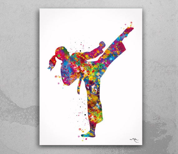 Taekwondo Girl Watercolor Print, Martial Arts Wall Art-1859