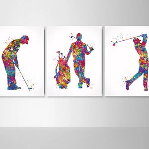 Golf Player Man Watercolor Print Set of 3 Golfers Golf Gift Golfer Golf Sports Painting Golf Poster Man Cave Art Gifts for Him Wall Art-1900