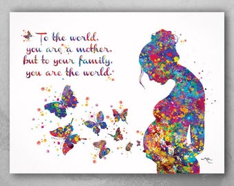 Pregnant Woman Watercolor Print, Butterfly New Mom Gift-343