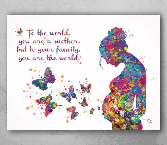 Pregnant Woman Watercolor Print, Butterfly New Mom Gift-343