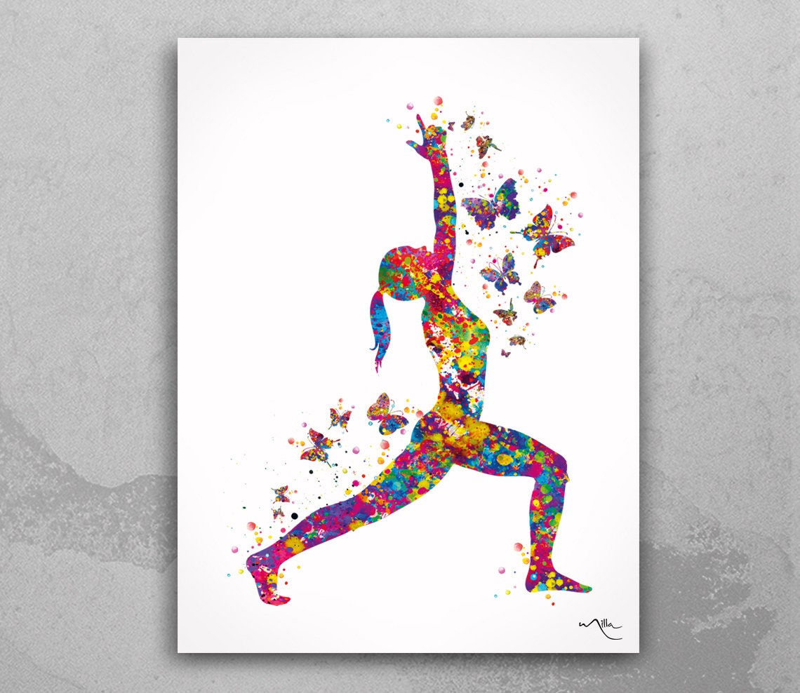 Discover Warrior I Yoga Art Butterfly Watercolor Print Virabhadrasana I Poster
