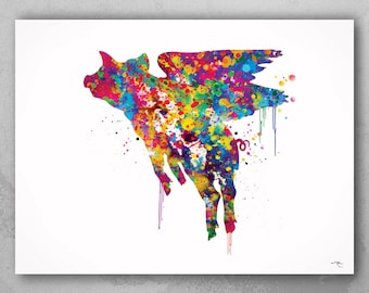 Flying Pigs Art Watercolor Print Geek Poster Pig Wings Cool Wall Decor Farm Unique Present Animal Cute Art Wall Hanging Anniversary Gift-697