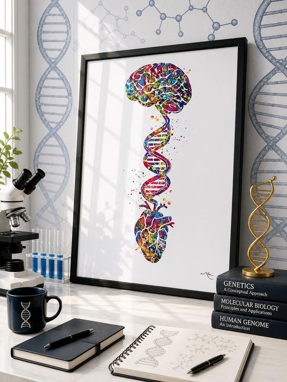 Brain, Heart & DNA Watercolor Print, Science Art-444