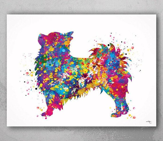 Long Haired Chihuahua Watercolor Print, Colorful Dog Art-897