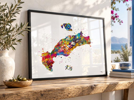 Kos Island Map Print: Greece Watercolor Travel Poster-2275