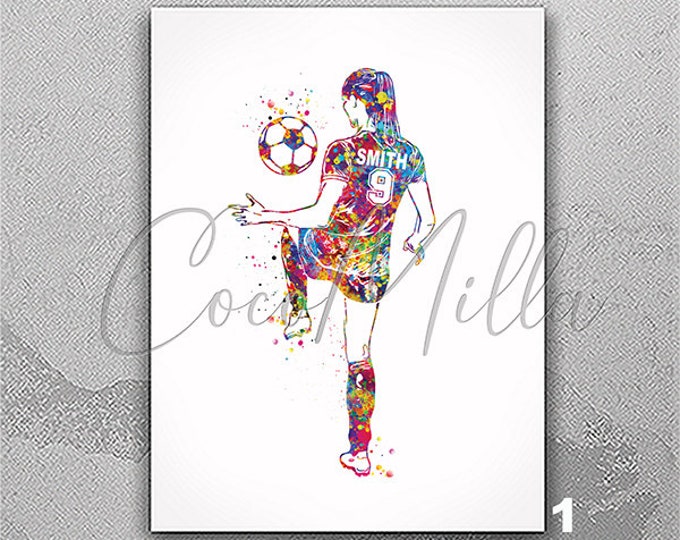 Soccer Player Personalized Watercolor Print Female Football Gift Soccer Player Girl Soccer Woman Personalized Gift Customize Wall Art-2372