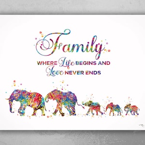 Elephants, Mom Dad and Three Baby Family Quote Watercolor Print Wedding Gift Wall Art Wall Decor Art Home Decor Wall Hanging Baby Shower-844