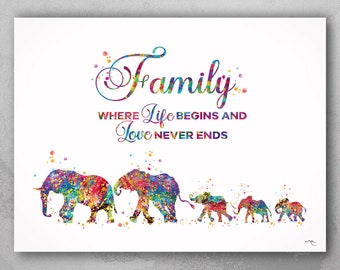 Elephants, Mom Dad and Three Baby Family Quote Watercolor Print Wedding Gift Wall Art Wall Decor Art Home Decor Wall Hanging Baby Shower-844