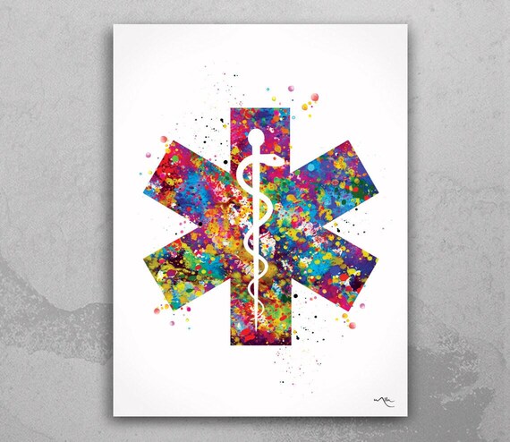 Rod of Asclepius Watercolor Print: Medical Art Gift-1000