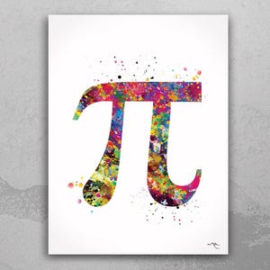 Puede incluir: Una pintura acuarela colorida del símbolo matemático pi. El símbolo está lleno de salpicaduras de pintura rosa, azul, verde, amarilla y morada.