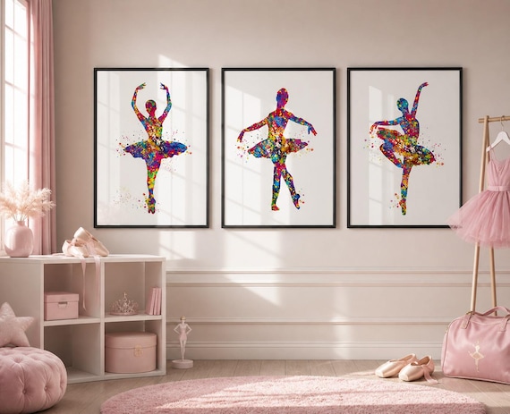 Ballerina Watercolor Print Set, Colorful Ballet Nursery Art-2498