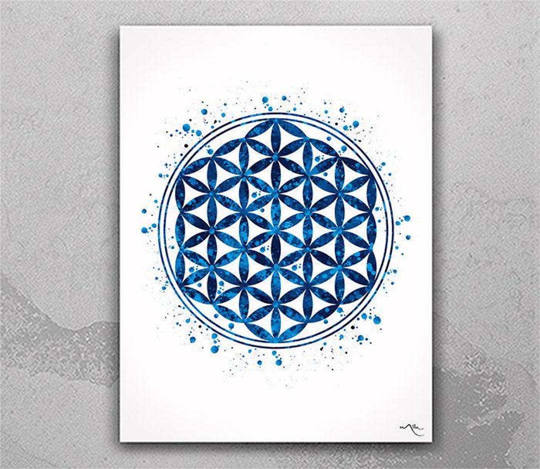 Flower of Life Blue Watercolor Print Sacred Geometry Wall Art Positive ...