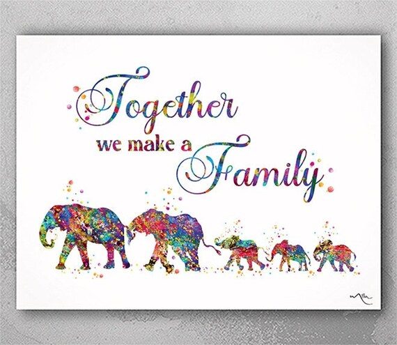 Elephant Family Watercolor Print: Mom, Dad & Three Kids Art-2523