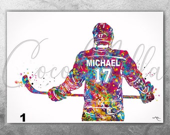 Hockey Player Male Man Boy Personalized Watercolor Print Ice Hockey Sports Boy Teen Room Decor Personalized Gift Customize Wall Art -2410