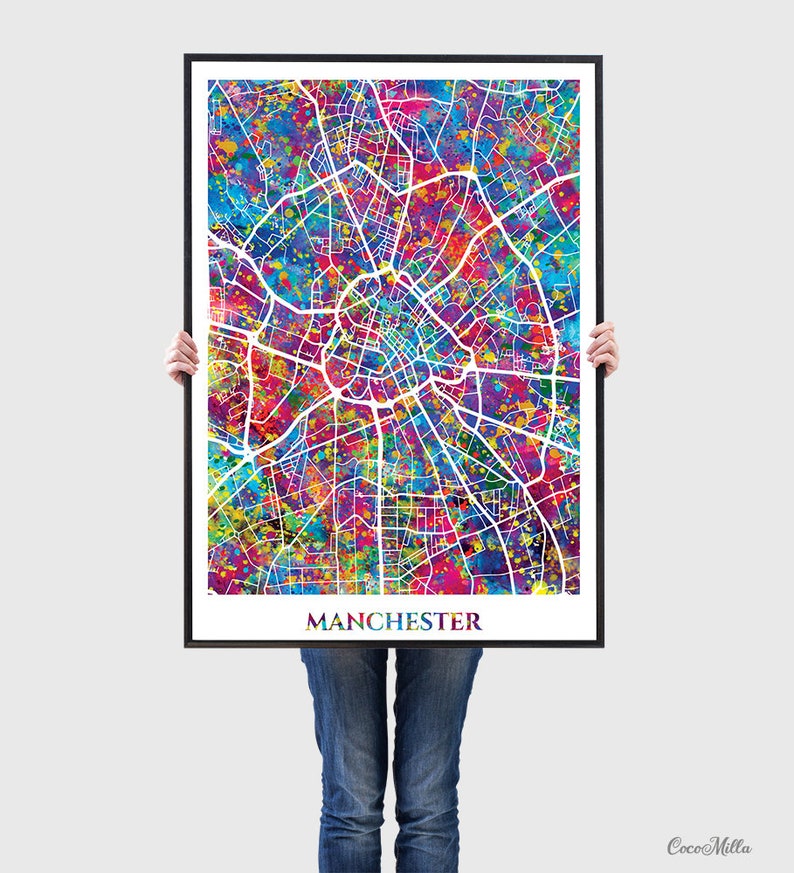 Manchester Map Watercolor Print Wall Art Manchester City Road Etsy