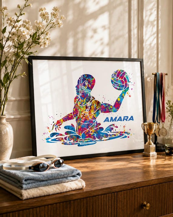 Personalized Water Polo Girl Watercolor Print: Custom Sport Wall Art-2607