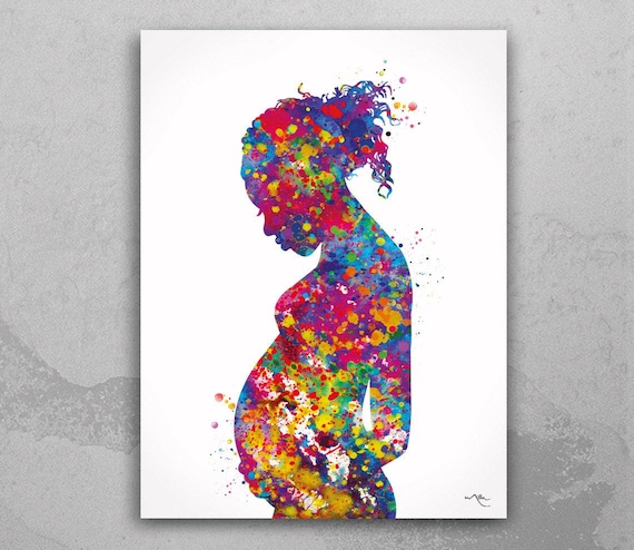 Watercolor Pregnant Woman Print, Afro Mom Pregnancy Gift-2089
