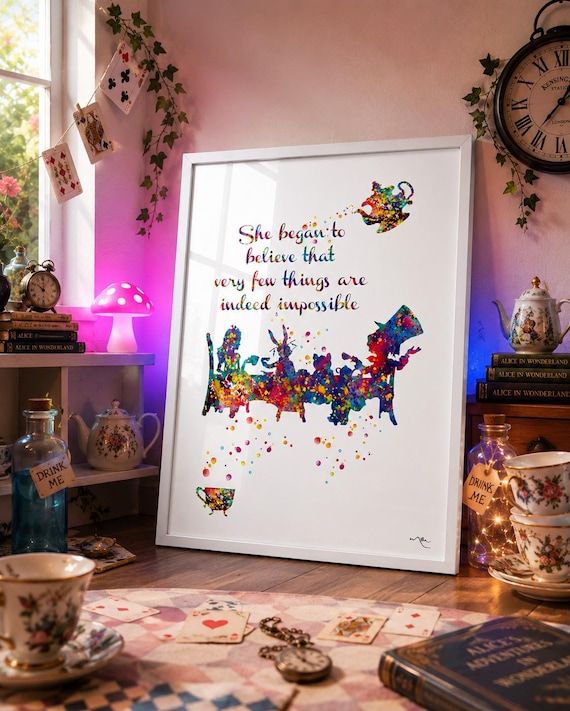Alice in Wonderland Print, Mad Hatter Tea Party Watercolor Art-446