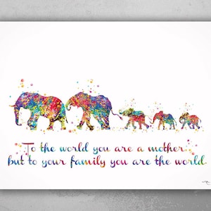 Elephant Family Mom Dad and Three Kids Baby Watercolor Print Quote Art Wedding Gift Family Print Wall Art Home Decor Housewarming-1651