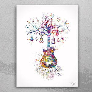 Guitar Tree Watercolor Print Instrument Classic Guitar Player Music Wall Art Decor Guitarist Gift Music Room Geekery Nerdy Wall Hanging-2229