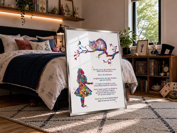 Alice in Wonderland Watercolor Print, Cheshire Cat Quotes, Kids Room Decor-531