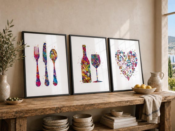 Watercolor Kitchen Art Prints, Eat Drink Love, Set of 3-2416