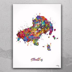 Skiathos Map Watercolor Print of Skiathos Island Greece Travel Poster Honeymoon Anniversary Greek Island Wall Decor Minimalist Wall Art-2539