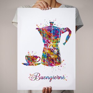 Buongiorno Moka Pot Watercolor Print, Italian Coffee Art-2202 image 2
