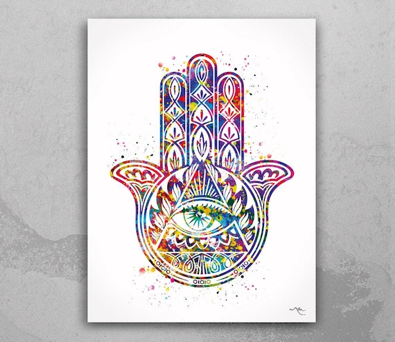 Hamsa Hand Watercolor Art Print Evil Eye Wall Art Kabbalah Hand Poster Art Wedding Gift Protection Poster Protective Hand Wall Hanging-996