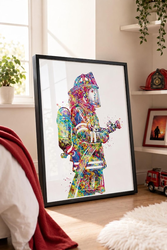 Firefighter Woman Watercolor Art Print, Fire Department Hero-2795