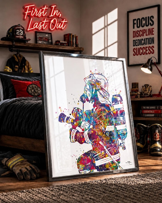 Firefighter Watercolor Art Print, Hero Wall Decor-590