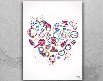 May include: A colorful watercolor illustration of an eye exam chart, eyeglasses, contact lenses, and other optometry tools arranged in the shape of a heart. The illustration is on a white background.