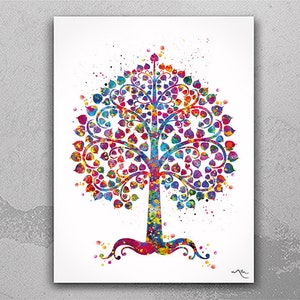 May include: A colorful watercolor painting of a Bodhi tree, also known as a Bo tree or Peepul tree. The tree is depicted with a thick trunk and many branches, all covered in vibrant splashes of color. The leaves are heart-shaped and arranged in a symmetrical pattern.