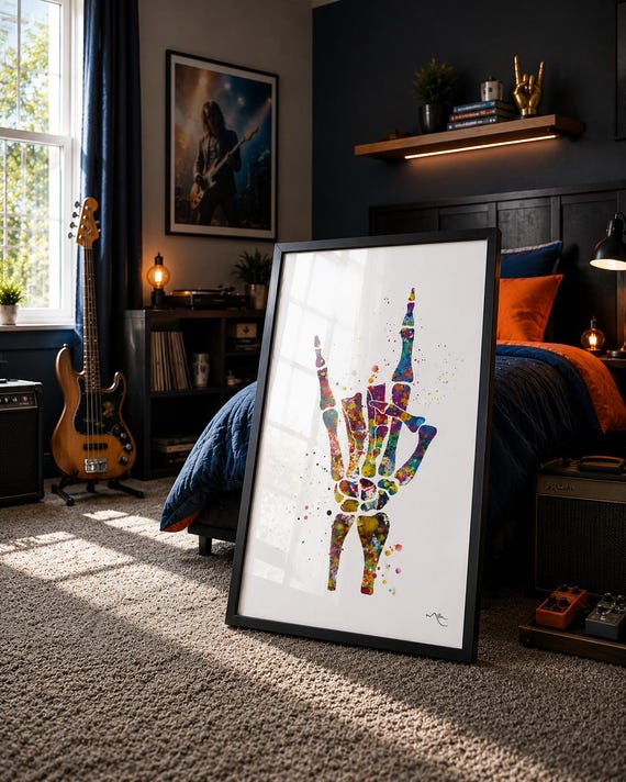 Rock On Skeleton Hand Watercolor Print: Music Wall Art