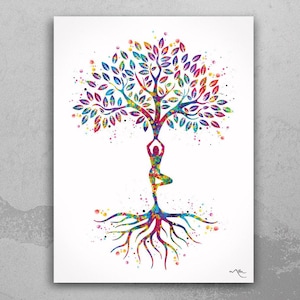 Watercolor Yoga Tree Print, Tree of Life Pose, Colorful Meditation Art-166