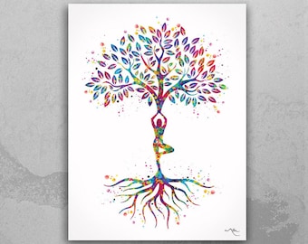 Watercolor Yoga Tree Print, Tree of Life Pose, Colorful Meditation Art-166