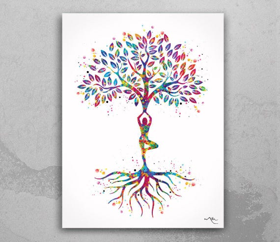 Watercolor Yoga Tree Print, Tree of Life Pose, Colorful Meditation Art-166