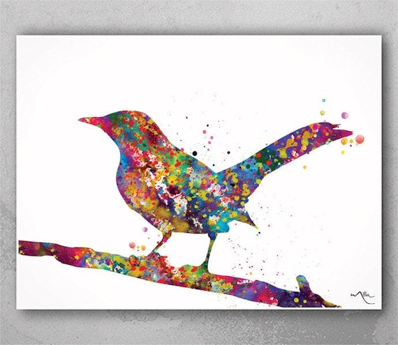 Mockingbird Watercolor Print: Colorful Bird Nursery Wall Art-537