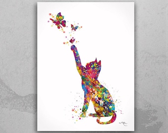 May include: A watercolor painting of a cat reaching up to catch a butterfly. The cat is a silhouette with splashes of color, and the butterflies are colorful and detailed.
