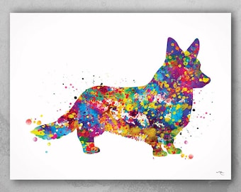 Op de afbeelding: Een kleurrijk aquarel schilderij van een Welsh Corgi hond. De hond is afgebeeld in een staande houding met zijn staart opgerold. Het schilderij is gemaakt in een verscheidenheid aan felle kleuren, waaronder roze, blauw, groen, geel en oranje.